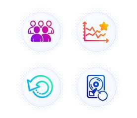 Group, Recovery data and Ranking stars icons simple set. Button with halftone dots. Recovery hdd sign. Developers, Backup info, Winner results. Education set. Gradient flat group icon. Vector