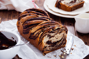 Swirl Brioche with chocolate, traditional Polish sweet Christmas bread