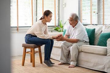 Caregiver psychologist console Asian senior people for mental health