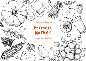 Organic healthy food illustration. Farmers market design elements. Hand drawn sketch. Various food frame. Good food store concept.