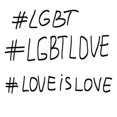  Hashtag and the word LGBT, love is love, lgbtlove. Life, Gets, Better,Together. A symbol of the LGBT communit.  Isolated on white, lesbian, gay, bisexual, transgender and social media concept.