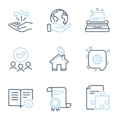 Technical info, Cogwheel and Home line icons set. Diploma certificate, save planet, group of people. Consolidation, Typewriter and Strategy signs. Documentation, Engineering, House building. Vector