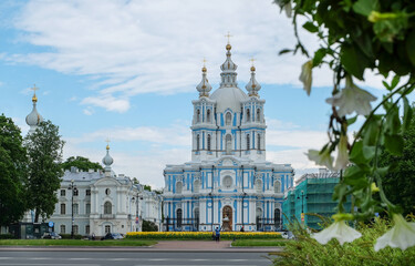 Fototapeta na wymiar St. Petersburg, Russia. June 07, 2020. View of the Resurrection Smolny Cathedral. Horizontal orientation, selective focus.