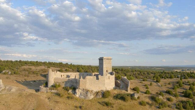 Medieval Defensive Construction Located in Ucero Built 12th Century. Castle of Ucero Drone Video Spain