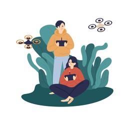 Happy man and woman hold remote control of quadcopter vector flat illustration. Couple hide in bushes with drone device monitoring at park isolated on white. Joyful people playing with quadrocopters