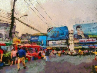 Food market in the city in the provinces of Thailand Illustrations creates an impressionist style of painting.