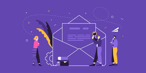 Business team examines new contract. Success in business and contract details flat vector illustration. Business team and big envelope with contract paper inside