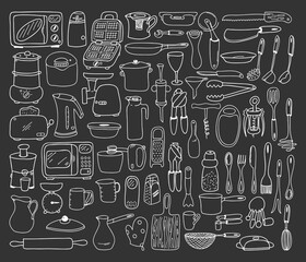 A large set of kitchen tools,dishes,utensils in Doodle style on the background of a chalkboard.A collection of elements for menu design, recipes, packaging. Hand-drawn and isolated. Black-white vector