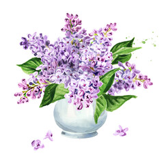 Bouquet of lilac flowers in the vase. Hand drawn watercolor illustration, isolated on white background