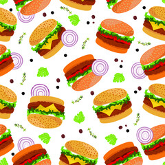 Seamless pattern with hand-drawn hamburgers and cheeseburgers. The concept of fast food. Realistic drawing of burgers with meat, a slice of cheese, vegetables and spices. Vector drawing.