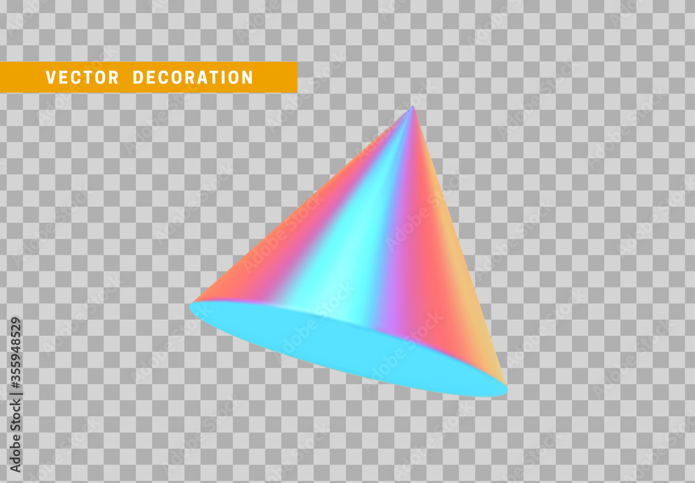 Poster cone is three-dimensional geometric shape isolated with colorful hologram chameleon color gradient. 
