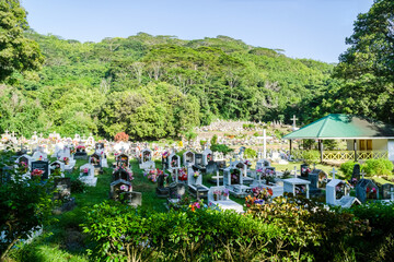 Multicolored tropical christian cemetery on La Digue island, Seychelles