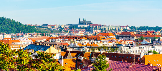 Fototapeta na wymiar View of Prague Castle from Vysehrad with lush green spring trees, Prague, Czech Republic