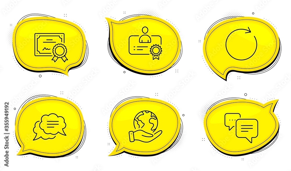 Poster certificate sign. diploma certificate, save planet chat bubbles. dots message, synchronize and text 