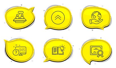Online quiz sign. Diploma certificate, save planet chat bubbles. Product knowledge, Swipe up and Employees talk line icons set. Education process, Scroll screen, Collaboration. Web support. Vector