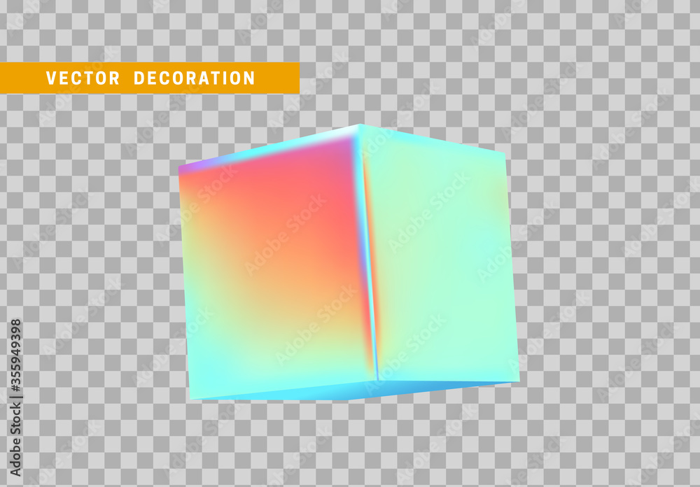 Poster cube is three-dimensional geometric shape isolated with colorful hologram chameleon color gradient. 