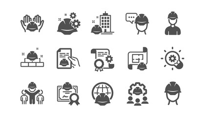 Engineering icons set. People, Teamwork and Technical documentation. Blueprint with gear, engineer and construction helmet set icons. Technician, industrial people, engineering process. Vector