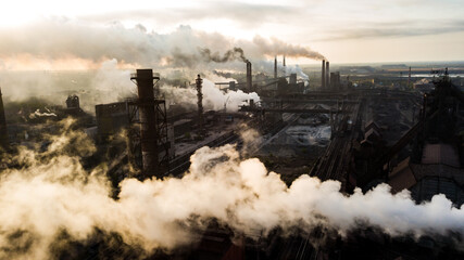 industry metallurgical plant dawn smoke smog emissions bad ecology aerial photography