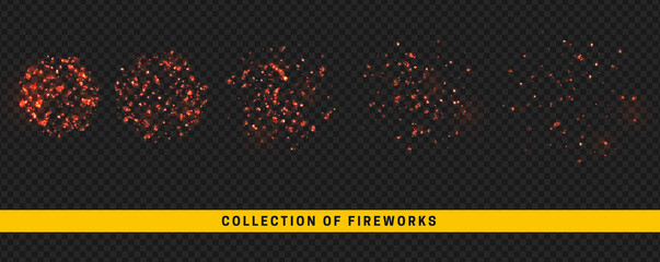Set festive fireworks isolated on transparent background