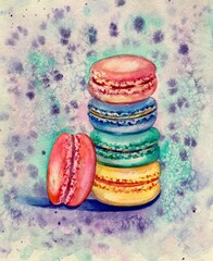Watercolor colored macaroons stand on a multi-colored background. French macaroon cake. Sweet delicacy. Vintage pastel colors. Design element. 