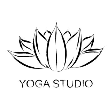 Lotus, stylized image, brush drawing. Handwritten inscription yoga Studio .