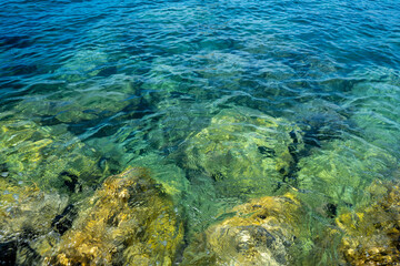 Clean and clear sea water. Paradise rocky shore.