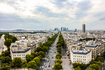 Panorama of Paris, view to Champs Elysees to La Defense from the Arc de Triomphe, France 