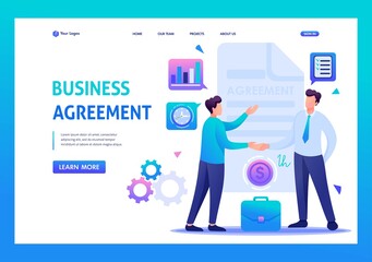 Businessmen agreement partners, growth revenue schedules. Flat 2D character. Landing page concepts and web design