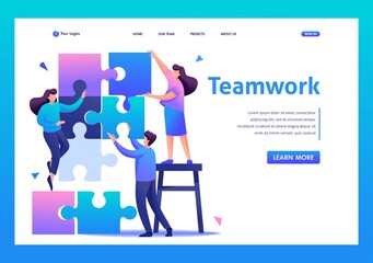 People connecting puzzle elements, teamwork, cooperation, partnership.Flat 2D character. Landing page concepts and web design