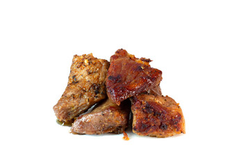 Few pieces of roasted meat pork shoulder isolated on white background