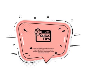 Quick tips icon. Quote speech bubble. Helpful tricks sign. Tutorials with timer symbol. Quotation marks. Classic quick tips icon. Vector