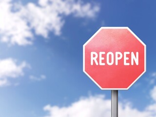 Reopen - Road sign on blue sky background