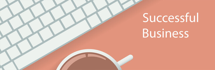 Banner for the background with a computer keyboard and coffee on the table. View from above. Vector illustration about business with place for text.