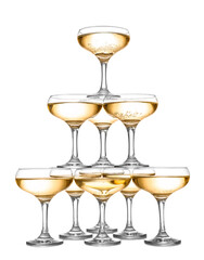 Tower made of glasses with champagne on white background