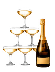 Bottle of champagne and tower made of glasses on white background