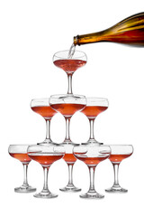 Champagne tower on white background