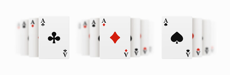 Realistic vector design of winning hand four ace. Playing poker. Set of four of a kind aces playing cards. Combination in poker consisting of four cards of the same value kicker.