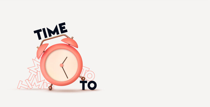 Clock 3d Vector. Pink Alarm clock realistic of plastic in soft pastel colors. Time to the watch.