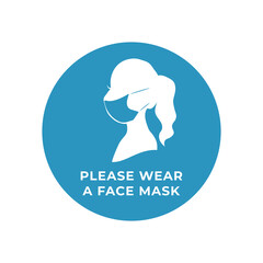 Vector attention sign, please wear a medical mask. Woman's black silhouette on blue background