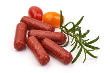 Smoked sausage with rosemary, isolated on white background