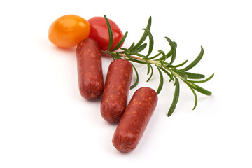 Smoked sausage with rosemary, isolated on white background