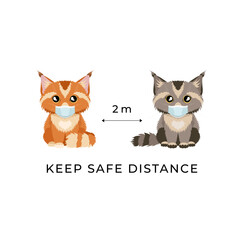 Keep safe distance 2 m. Coronavirus infection spreading prevention information sign with cute hand drawn maine coon cats in medical masks. Illustration for children