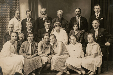 Fototapeta na wymiar Germany - CIRCA 1920s: Group photo of wedding guests. Vintage historical archive photo