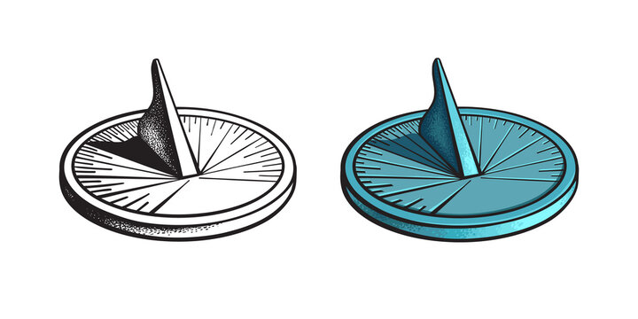 Sundial. Sun clock. Ancient appliance for time measurement. Black and white and color variants. Vector illustration.
