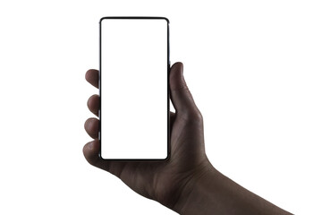 Phone in hand. Silhouette of male hand holding bezel-less smartphone on white background. Screen is cut with clipping path. - 355955314