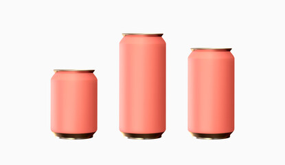 Set of realistic pink iron cans. Mock up for your design. Big and small cans template. Vector illustration