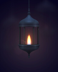Vintage dark blue lantern with a burning realistic fire