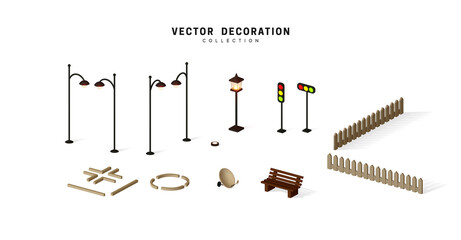 Set of isometric objects, street lamps on poles shine, traffic lights, fence and bench vector illustration © lauritta