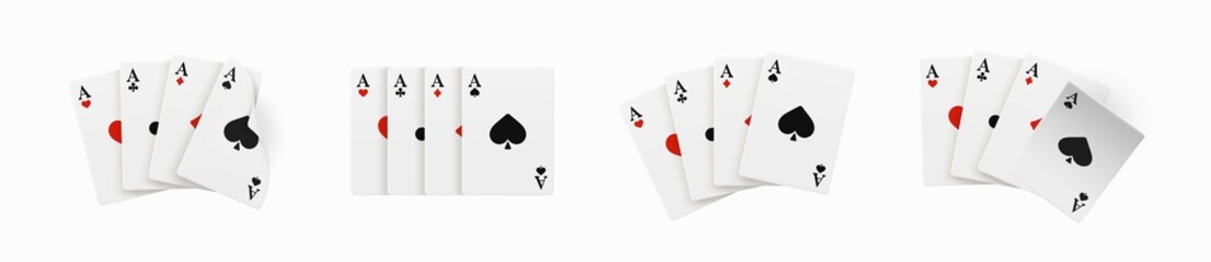 Realistic vector design of winning hand four ace. Playing poker. Set of four of a kind aces playing cards. Combination in poker consisting of four cards of the same value kicker.