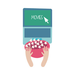Obraz premium person eating pop corn laptop online with movies flat style